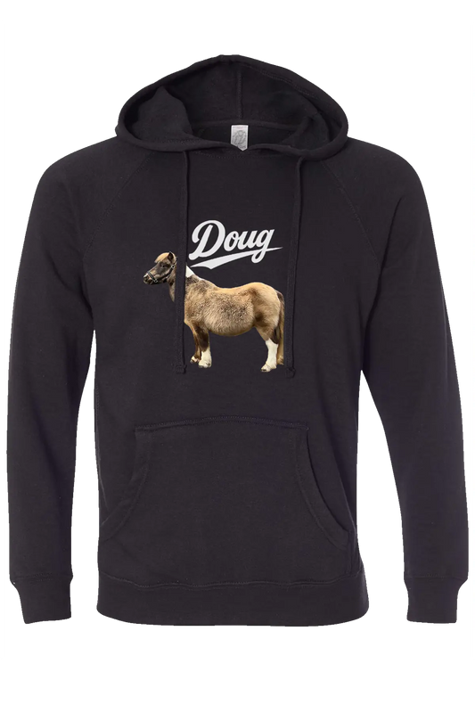 Black hoodie with a graphic of a cow and the word 'Doug' on a white  background. #BIGDOUGENERGY Paper Street Print Co, Blairstown, NJ.
