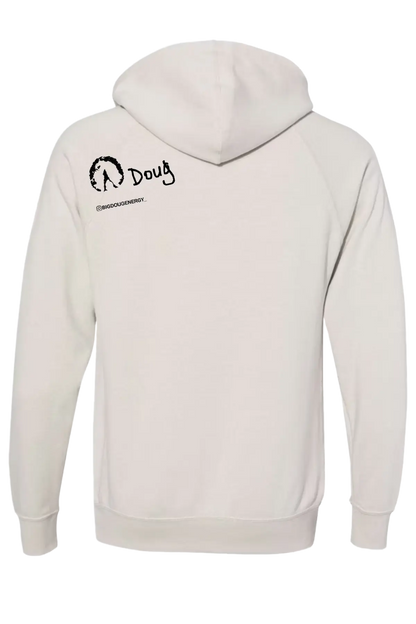 Beige hoodie with black text and logo on the back against a white background. #BIGDOUGENERGY Paper Street Print Co, Blairstown, NJ.
