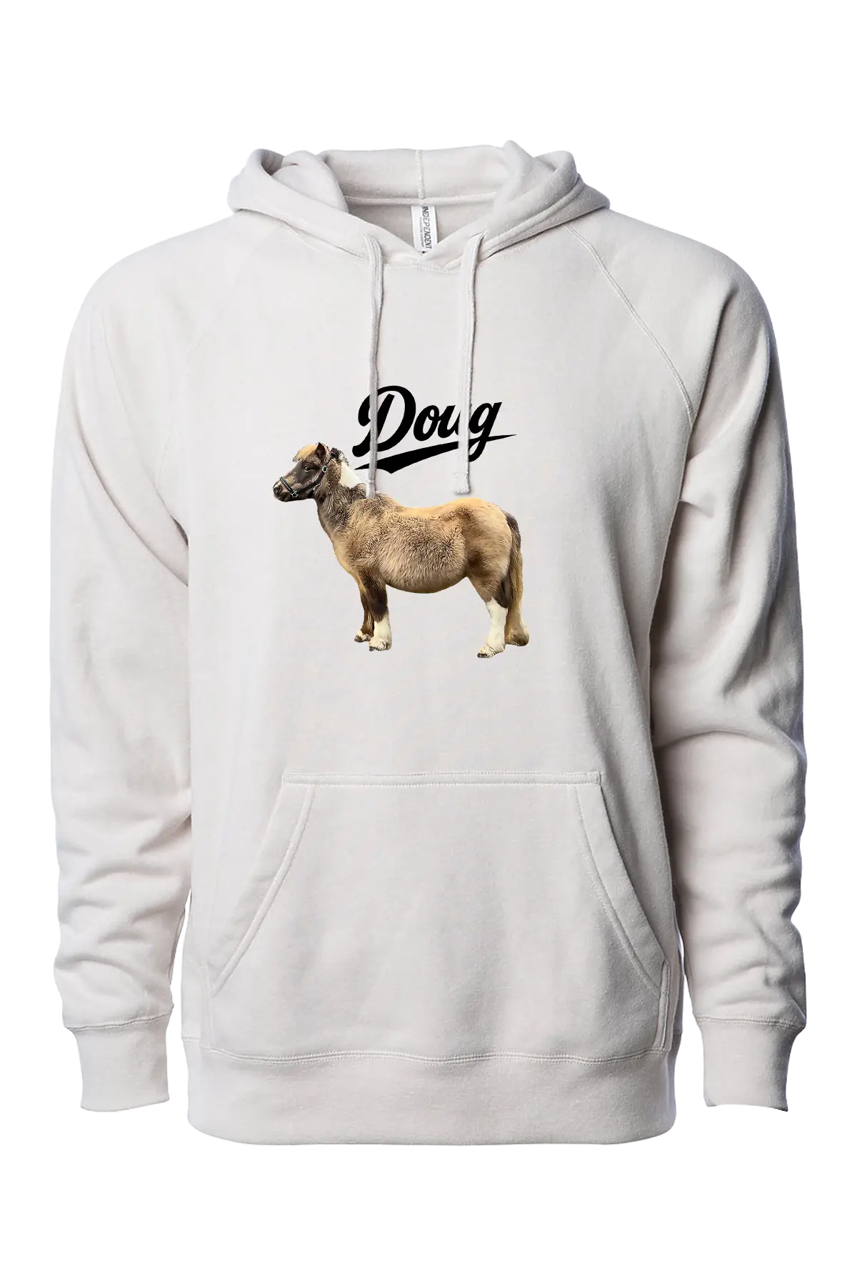 White hoodie with a graphic of a sheep and the word 'Doug' on a white background. #BIGDOUGENERGY Paper Street Print Co, Blairstown, NJ.