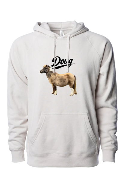 White hoodie with a graphic of a sheep and the word 'Doug' on a white background. #BIGDOUGENERGY Paper Street Print Co, Blairstown, NJ.