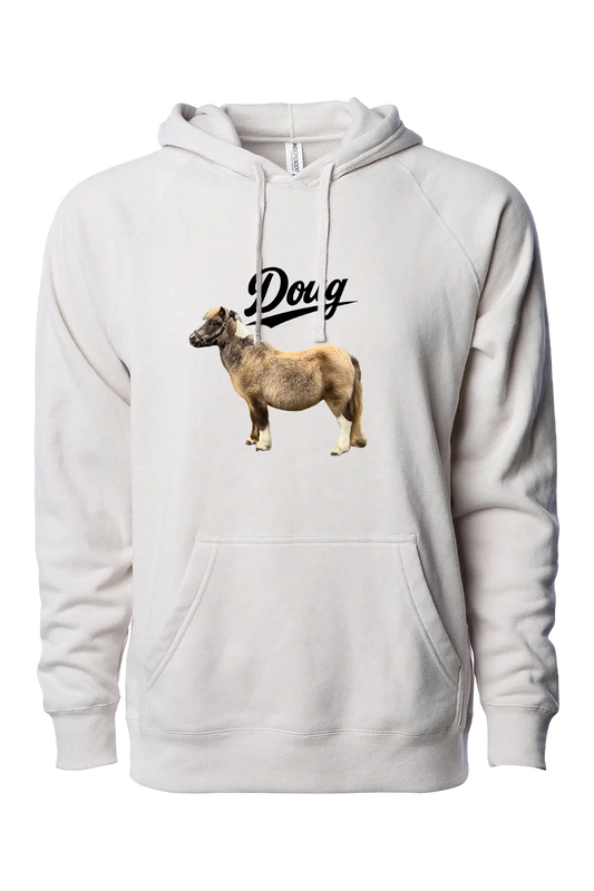 White hoodie with a graphic of a sheep and the word 'Doug' on a white background. #BIGDOUGENERGY Paper Street Print Co, Blairstown, NJ.