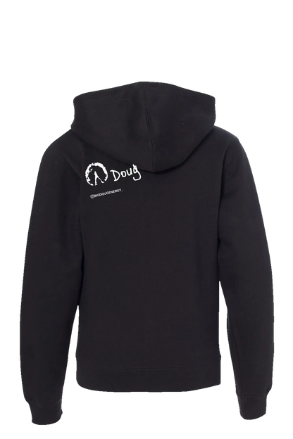 Black hoodie with a logo and text on the back against a white background. #BIGDOUGENERGY Paper Street Print Co, Blairstown, NJ.