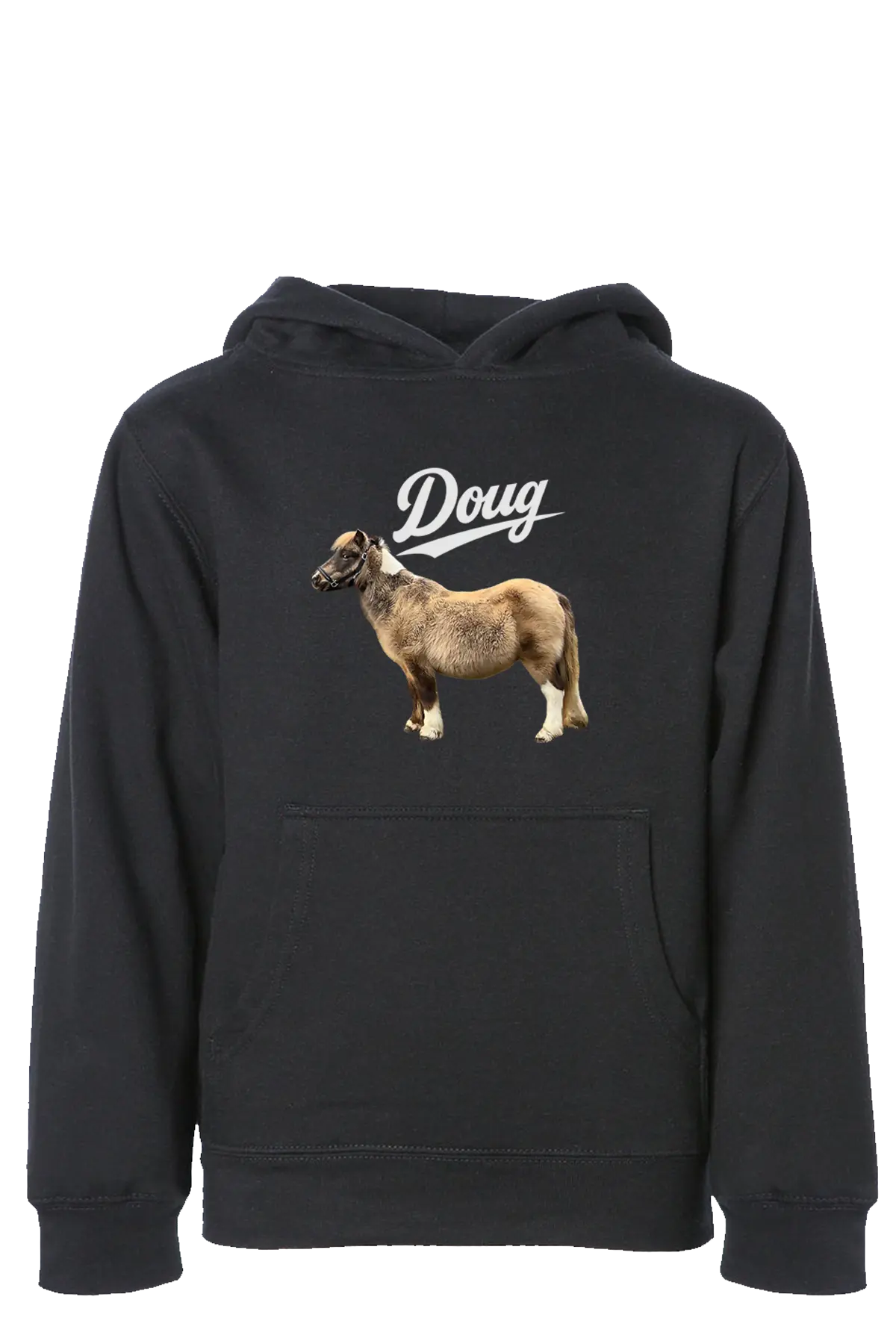 Black hoodie with a graphic of a dog and the word 'Doug' on a white background. #BIGDOUGENERGY Paper Street Print Co, Blairstown, NJ.