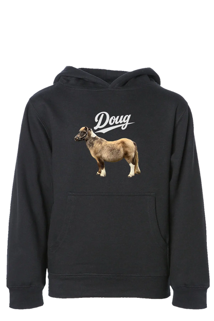 Black hoodie with a graphic of a dog and the word 'Doug' on a white background. #BIGDOUGENERGY Paper Street Print Co, Blairstown, NJ.