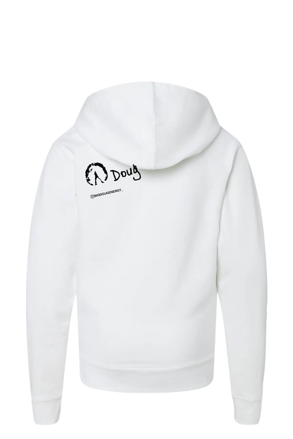 White hoodie with a logo on the back against a white background. #BIGDOUGENERGY Paper Street Print Co, Blairstown, NJ.