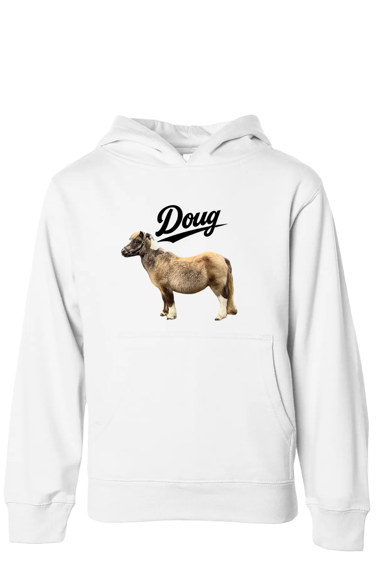 White hoodie with a graphic of a sheep and the word 'Doug' on a white background. #BIGDOUGENERGY Paper Street Print Co, Blairstown, NJ.