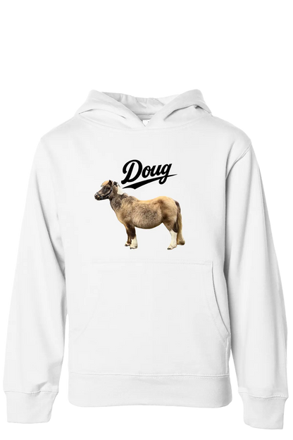 White hoodie with a graphic of a sheep and the word 'Doug' on a white background. #BIGDOUGENERGY Paper Street Print Co, Blairstown, NJ.