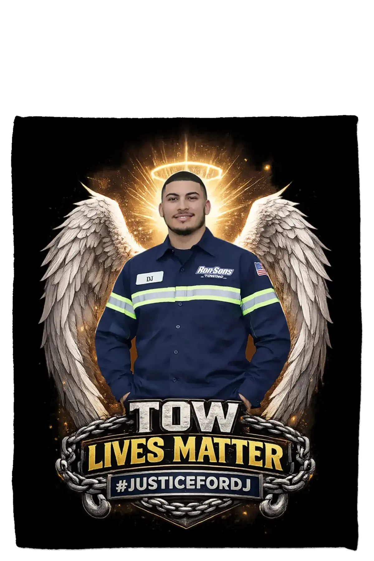 Person in a blue uniform with angel wings and 'Tow Lives Matter' text on a black background. #JusticeforDJ - Paper Street Print Co, Blairstown, NJ.