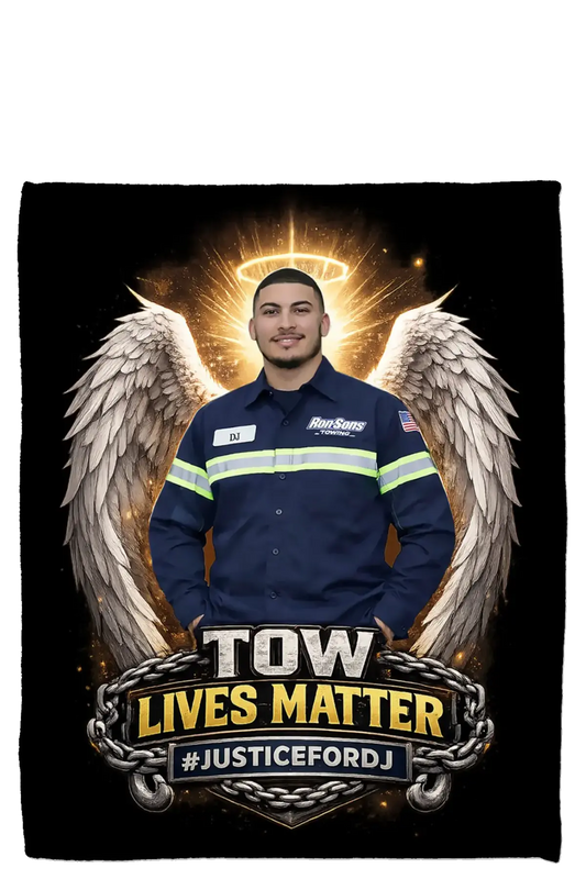 Person in a blue uniform with angel wings and 'Tow Lives Matter' text on a black background. #JusticeforDJ - Paper Street Print Co, Blairstown, NJ.