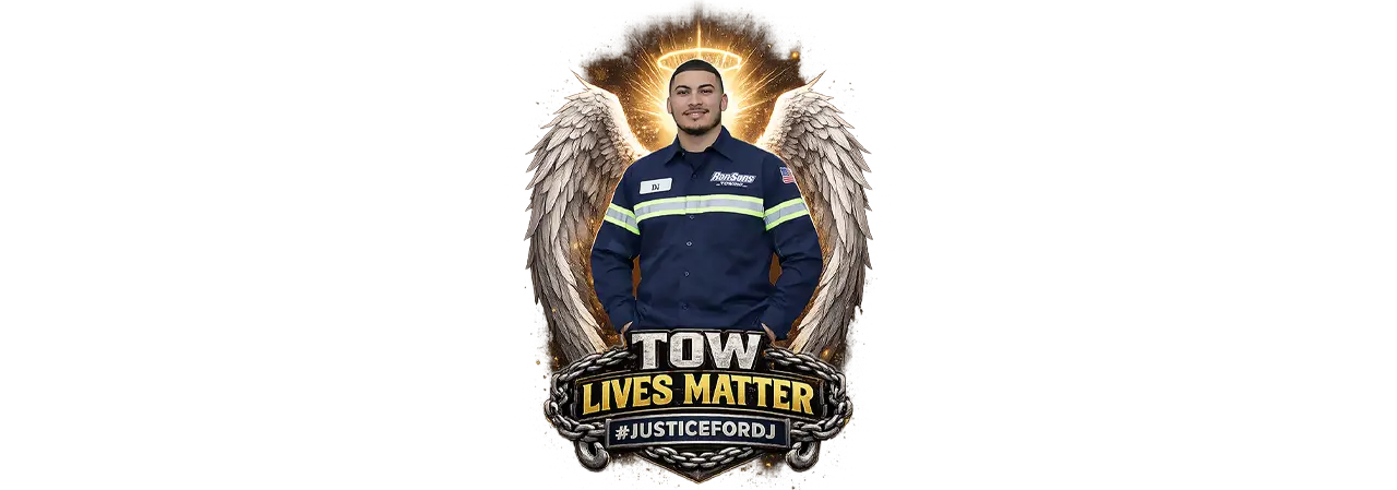 Person in a uniform with angel wings and 'TOW LIVES MATTER' text on a white background. #JusticeforDJ - Paper Street Print Co, Blairstown, NJ.