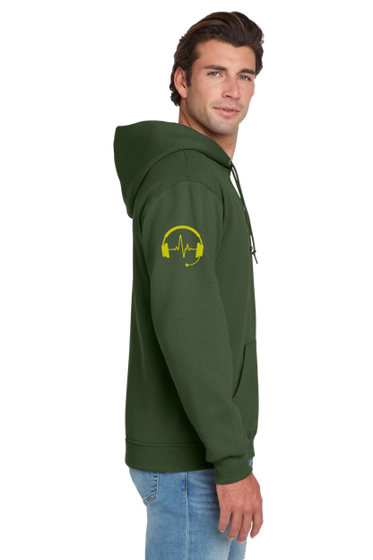 Man wearing a green hoodie with a yellow logo on a white background. Paper Street Print Co, Blairstown, NJ.