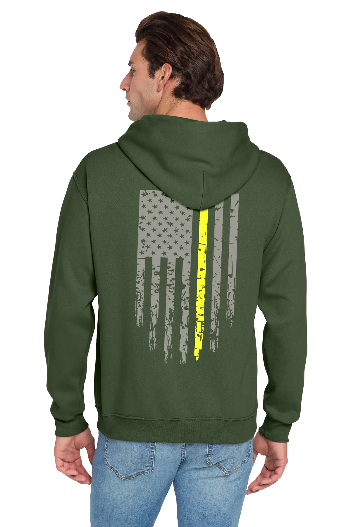 Green hoodie with a flag design on the back worn by a person, on a white background. Paper Street Print Co, Blairstown, NJ.
