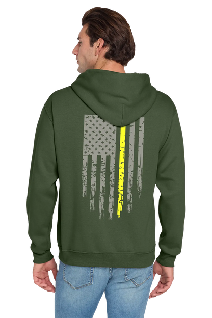 Green hoodie with a flag design on the back worn by a person, on a white background. Paper Street Print Co, Blairstown, NJ.