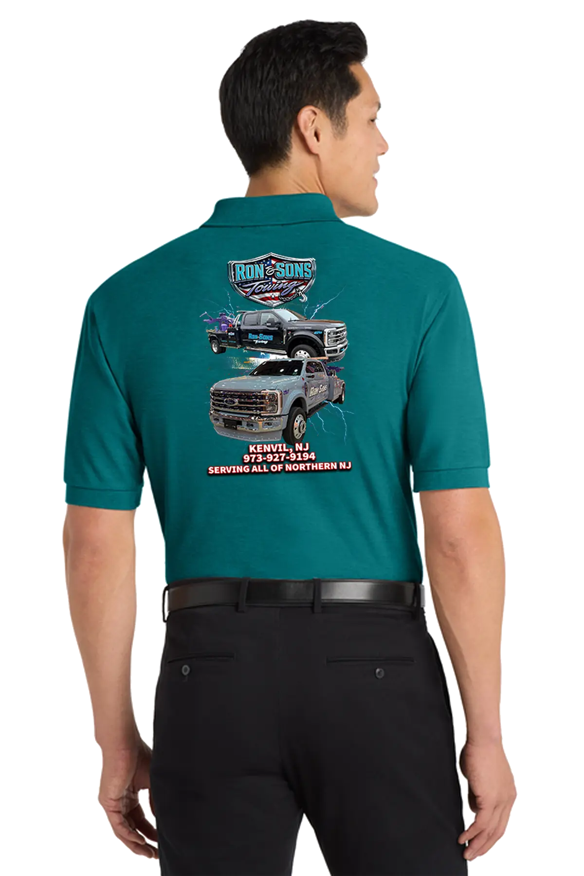 Man wearing a teal shirt with graphics and text on the back, standing against a white background. Ron and Sons Towing, Paper Street Print Co, Blairstown, NJ.