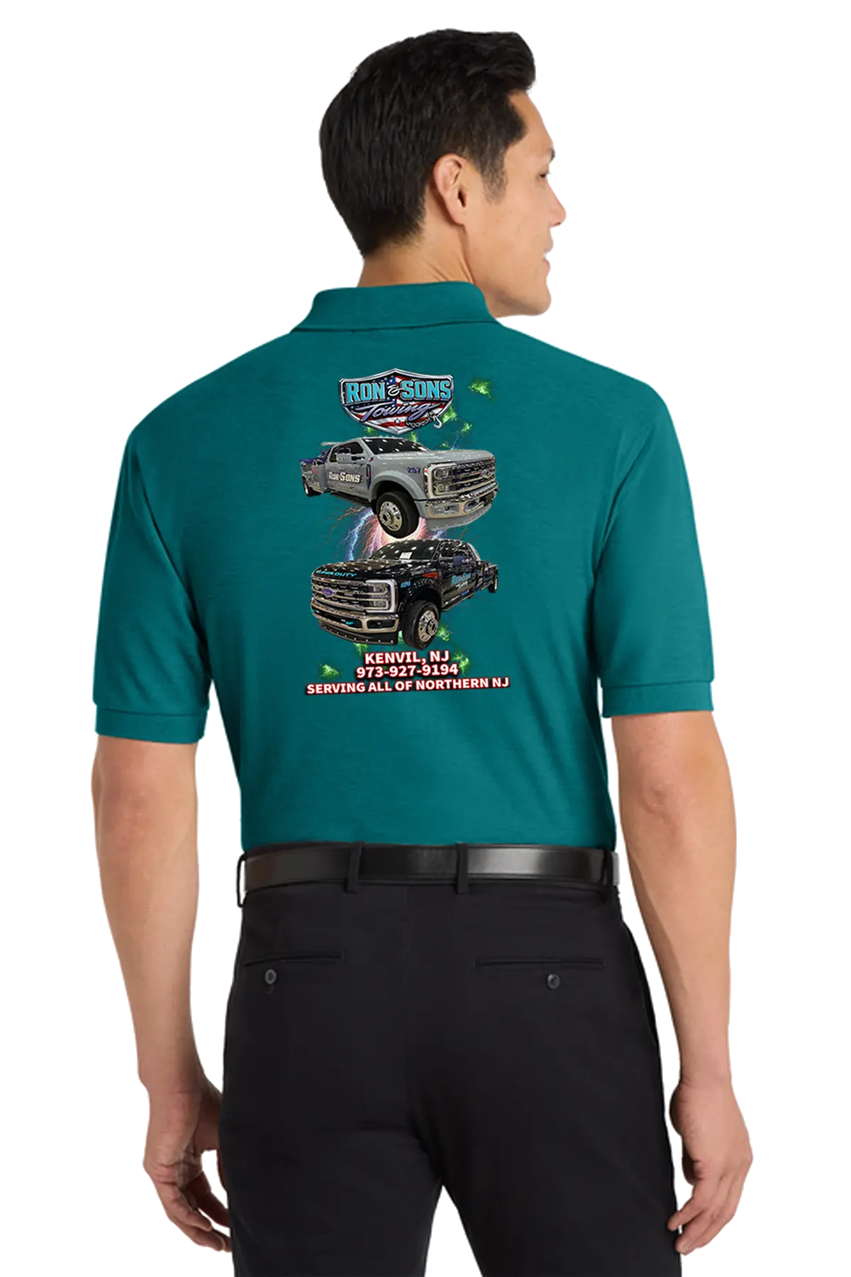 Man wearing a teal shirt with a graphic design on the back, standing against a white background. Ron and Sons Towing, Paper Street Print Co, Blairstown, NJ.