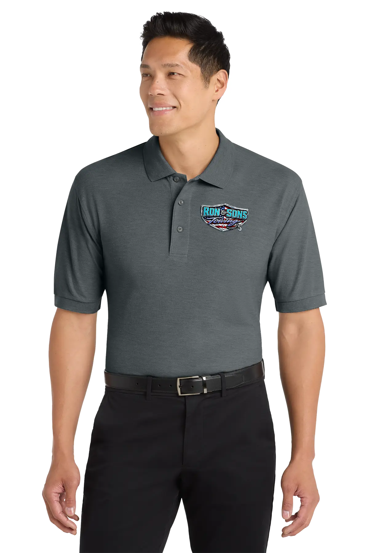 Man wearing a gray polo shirt with a logo on a white background. Ron and Sons Towing, Paper Street Print Co, Blairstown, NJ.