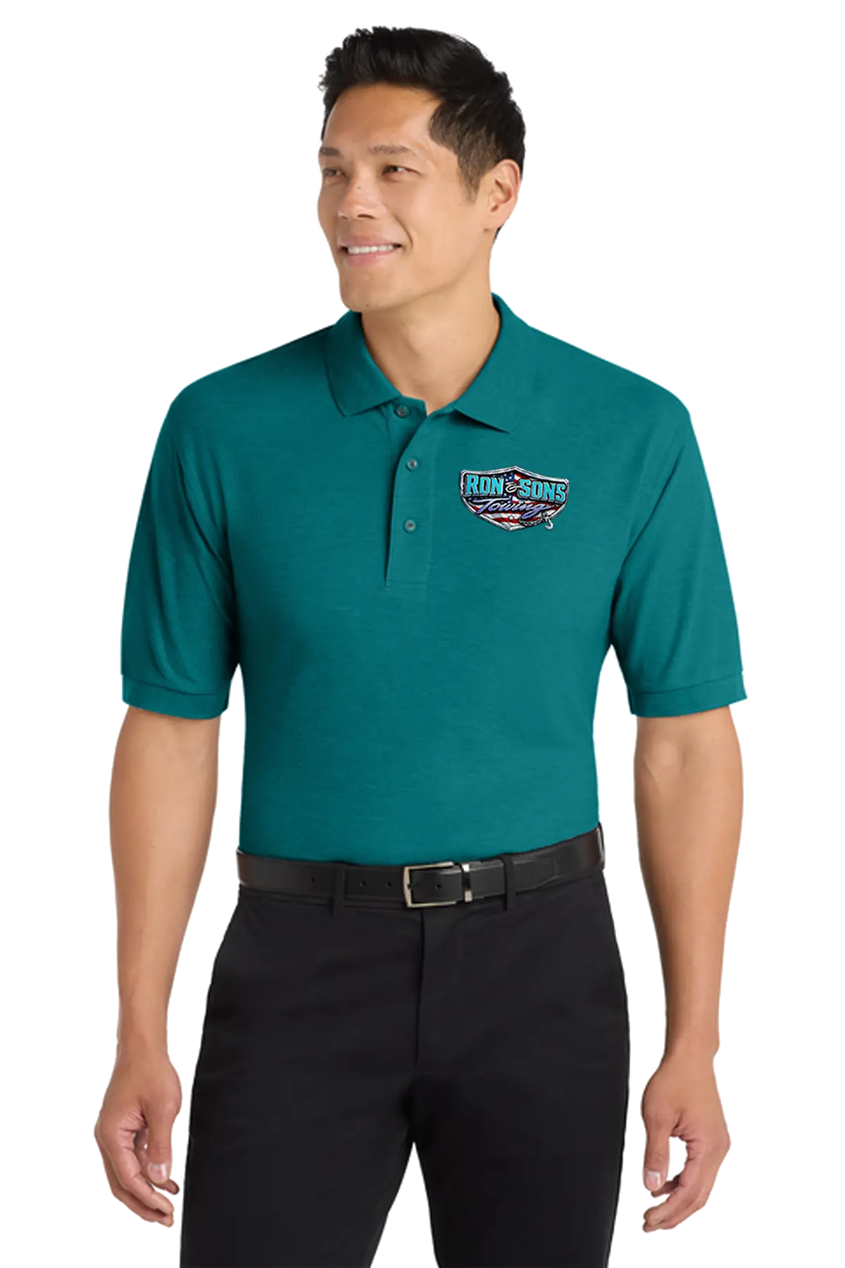 Man wearing a teal polo shirt with a logo on a white background. Ron and Sons Towing, Paper Street Print Co, Blairstown, NJ.