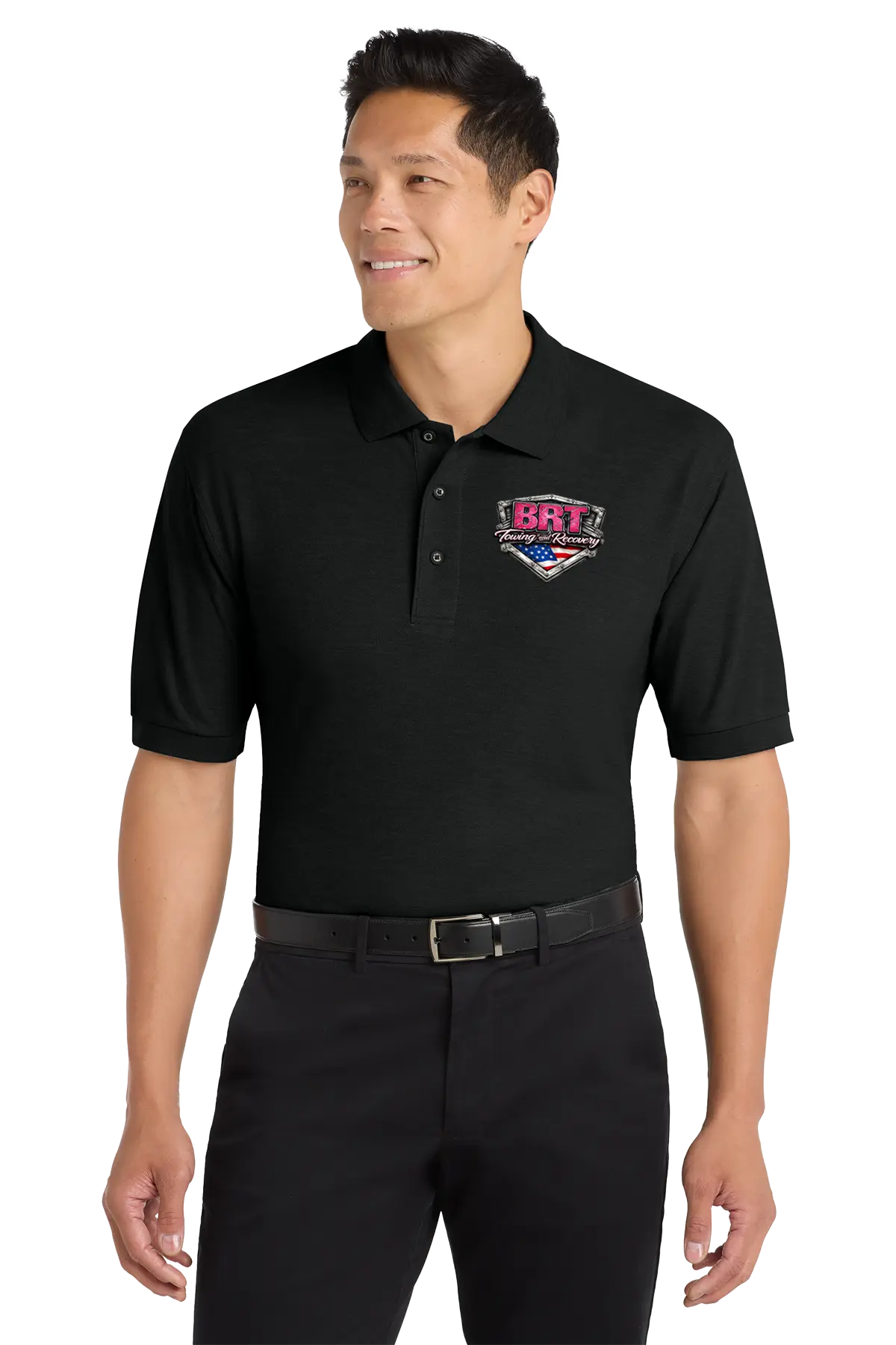 Man wearing a black polo shirt with a logo on a white background. BRT Towing and Recovery, Paper Street Print Co, Blairstown, NJ.