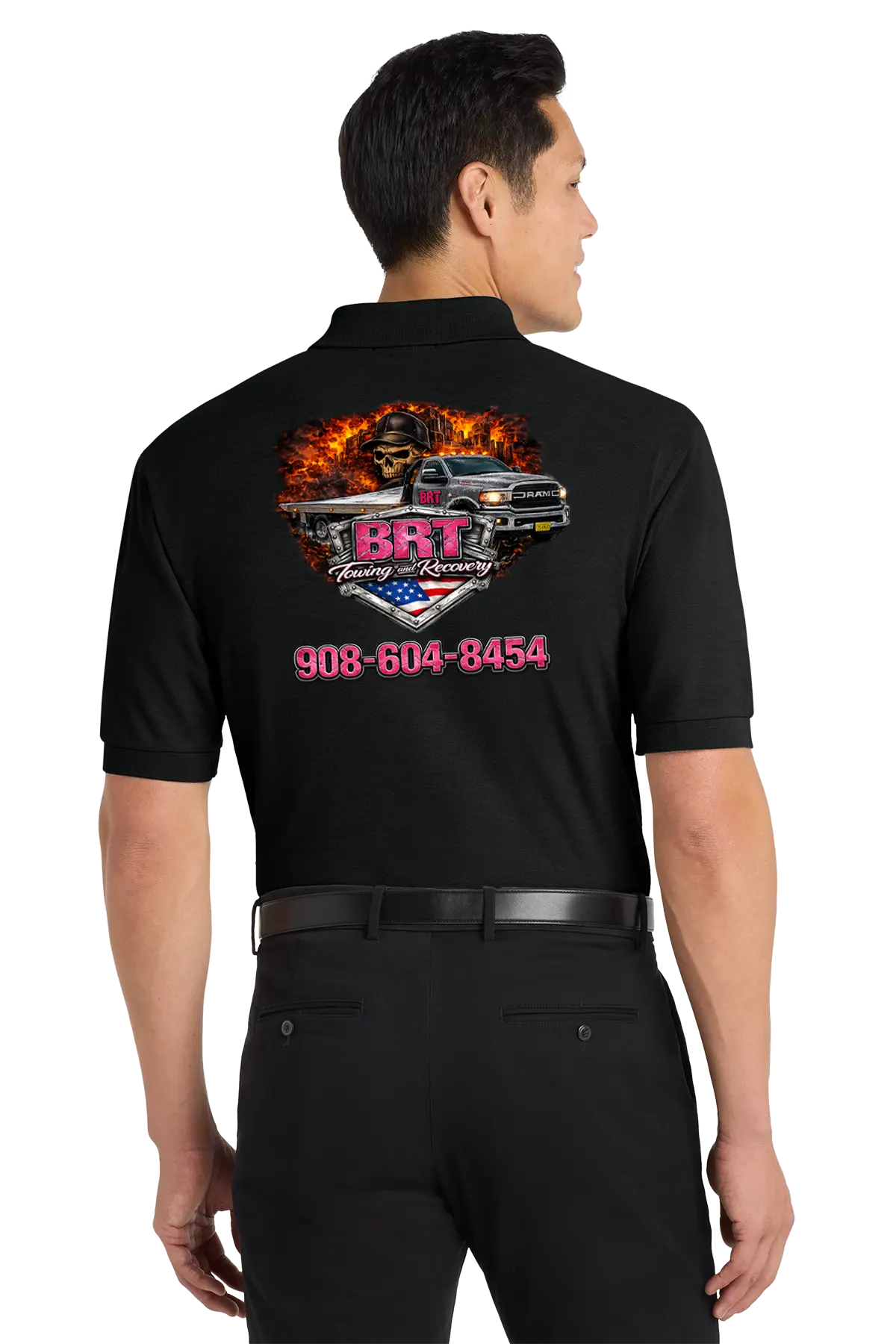 Person wearing a black shirt with a colorful graphic and text on the back. BRT Towing and Recovery, Paper Street Print Co, Blairstown, NJ.