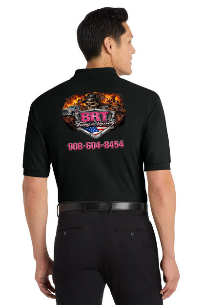 Person wearing a black shirt with a logo and contact information on the back. BRT Towing and Recovery, Paper Street Print Co, Blairstown, NJ.