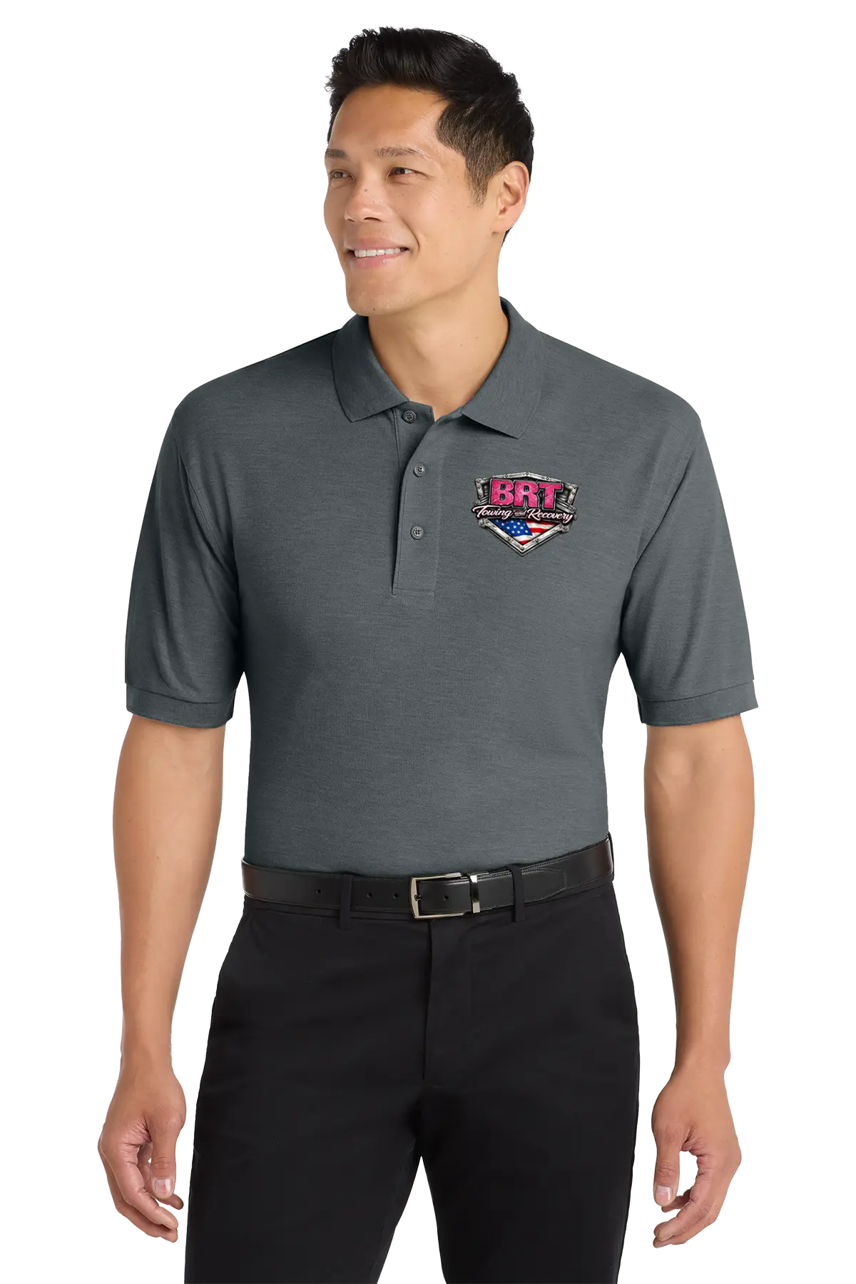 Man wearing a gray polo shirt and black pants on a white background. BRT Towing and Recovery, Paper Street Print Co, Blairstown, NJ.