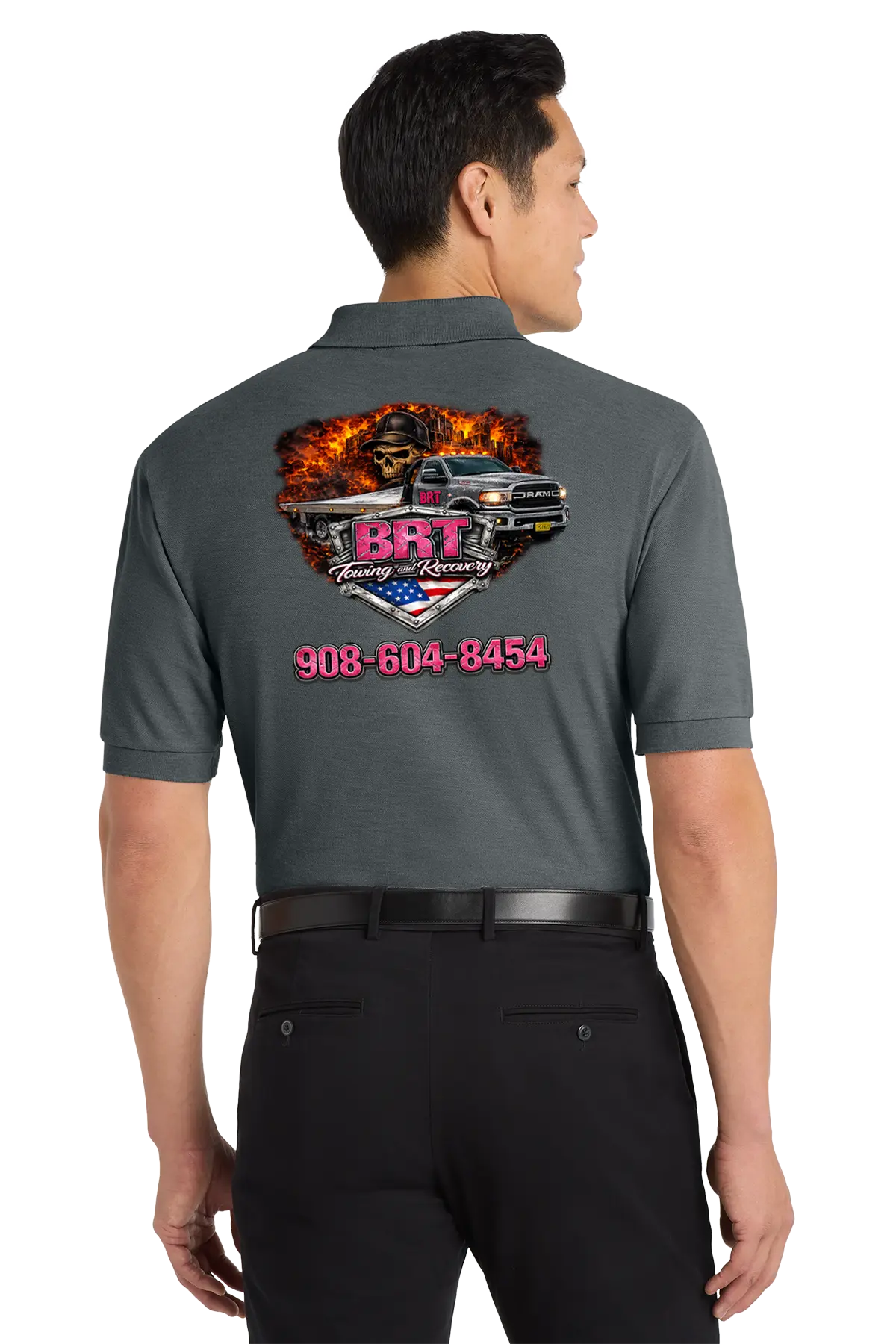 Person wearing a gray shirt with a graphic design on the back, featuring a phone number. BRT Towing and Recovery, Paper Street Print Co, Blairstown, NJ.