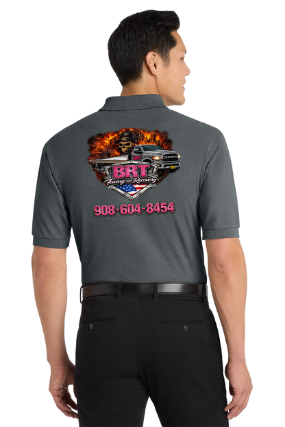 Person wearing a gray shirt with a graphic design on the back, featuring a phone number. BRT Towing and Recovery, Paper Street Print Co, Blairstown, NJ.