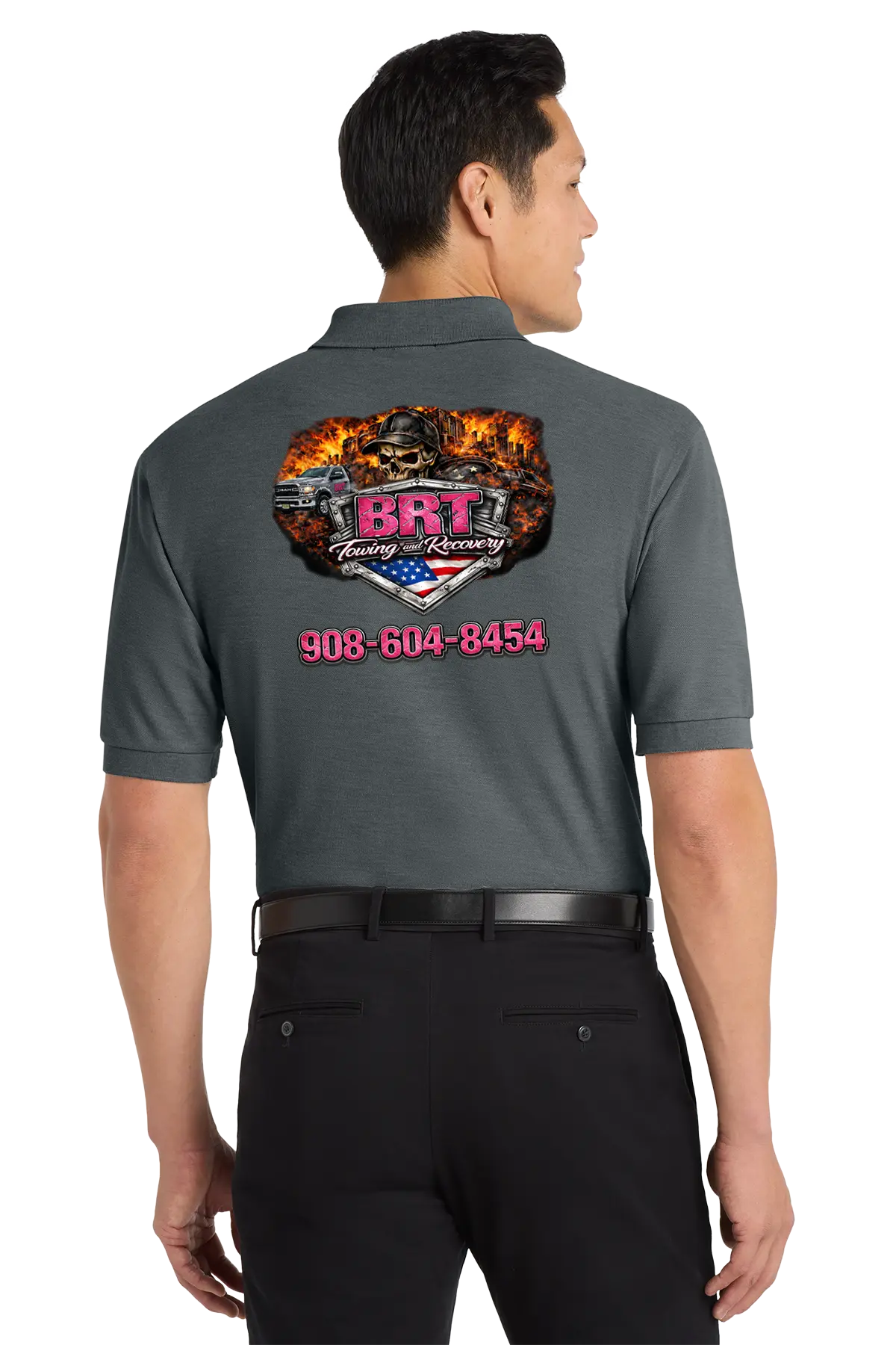 Person wearing a gray work shirt with a logo and contact information on the back