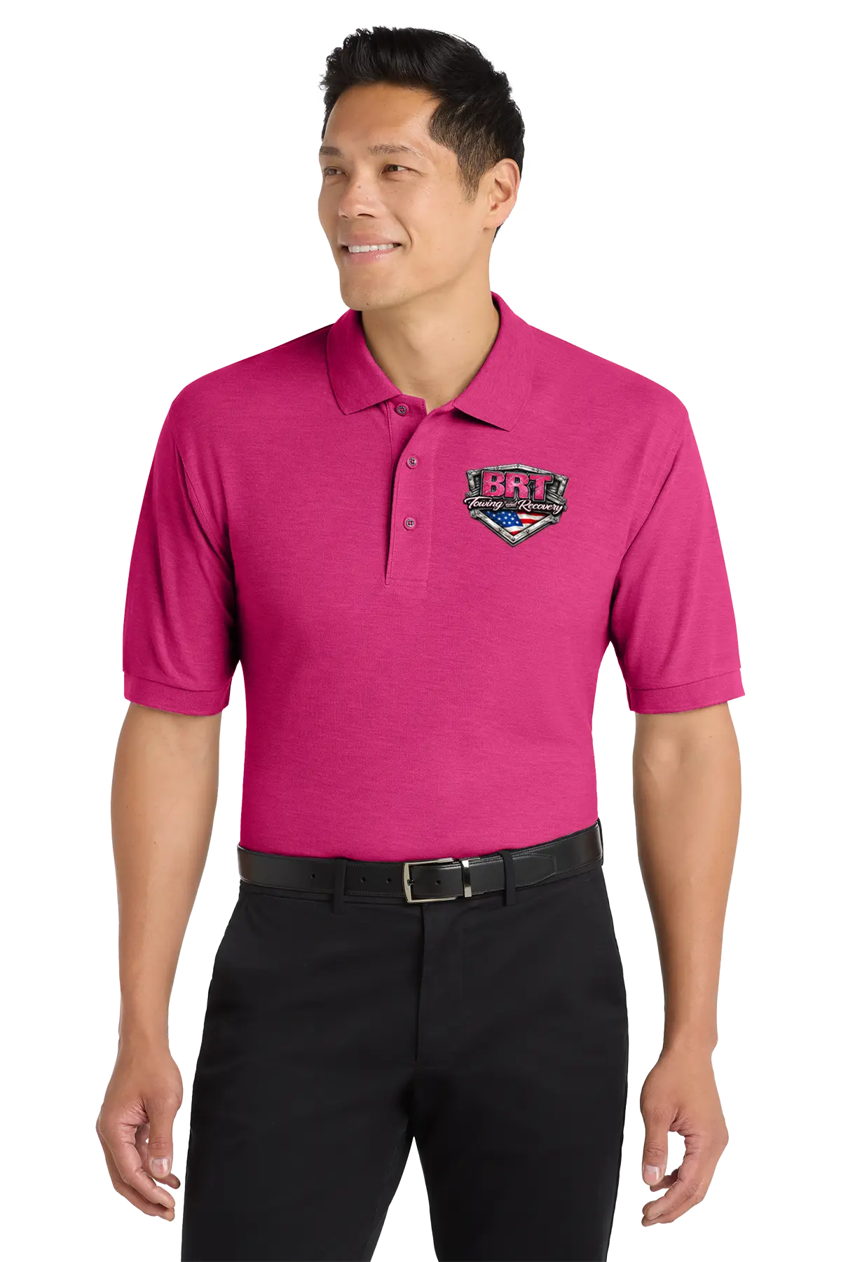Man wearing a pink polo shirt with a logo on a white background. BRT Towing and Recovery, Paper Street Print Co, Blairstown, NJ.