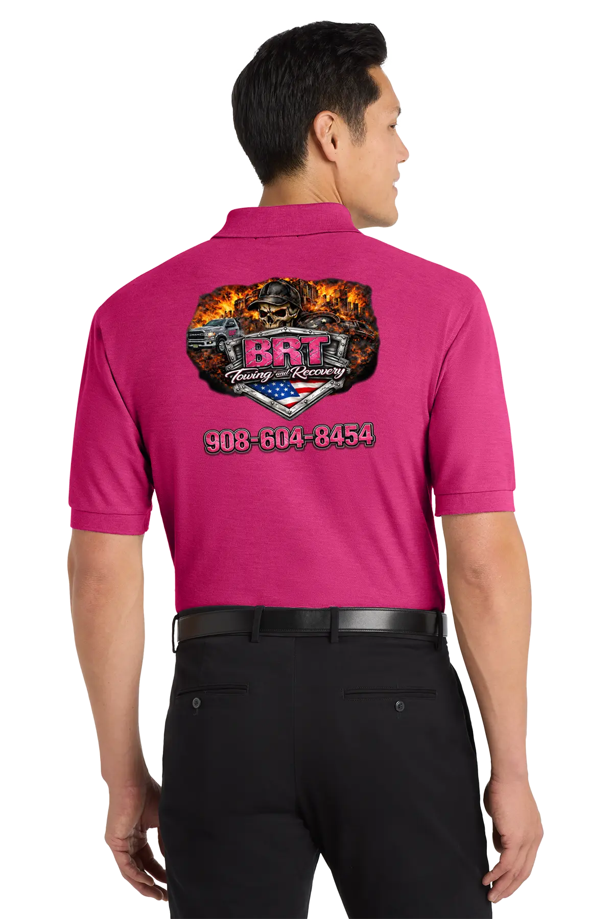 Person wearing a pink shirt with a logo and contact information on the back, on a white background. BRT Towing and Recovery, Paper Street Print Co, Blairstown, NJ.