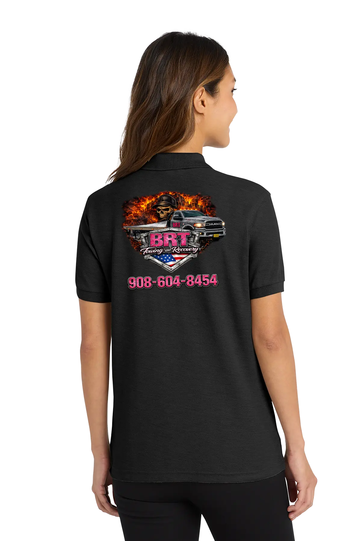 Black polo shirt with a graphic design on the back, worn by a person. BRT Towing & Recovery, Paper Street Print Co, Blairstown, NJ.