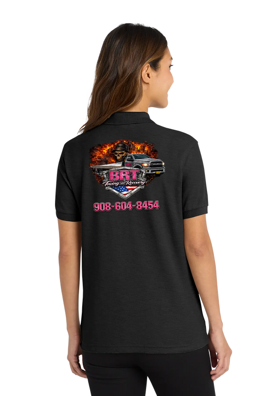 Black polo shirt with a graphic design on the back, worn by a person. BRT Towing & Recovery, Paper Street Print Co, Blairstown, NJ.