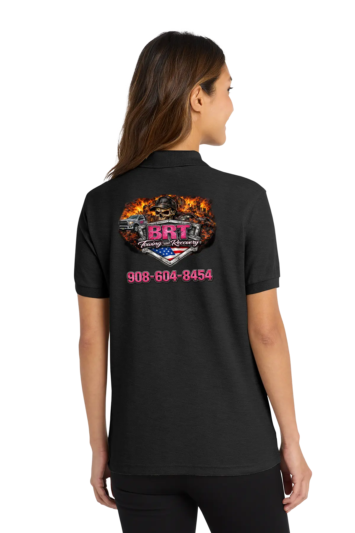 Person wearing a black polo shirt with a logo and text on the back. BRT Towing & Recovery, Paper Street Print Co, Blairstown, NJ.