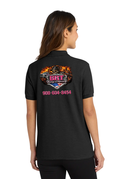 Person wearing a black polo shirt with a logo and text on the back. BRT Towing & Recovery, Paper Street Print Co, Blairstown, NJ.