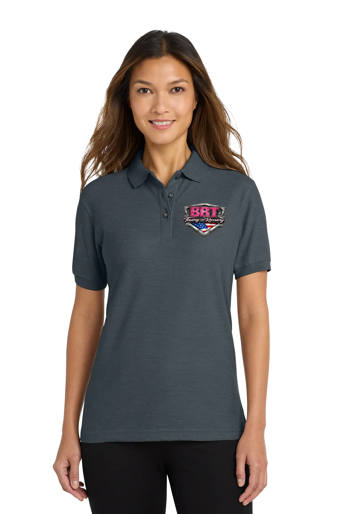 Woman wearing a dark gray polo shirt with a logo on a white background. BRT Towing & Recovery, Paper Street Print Co, Blairstown, NJ.