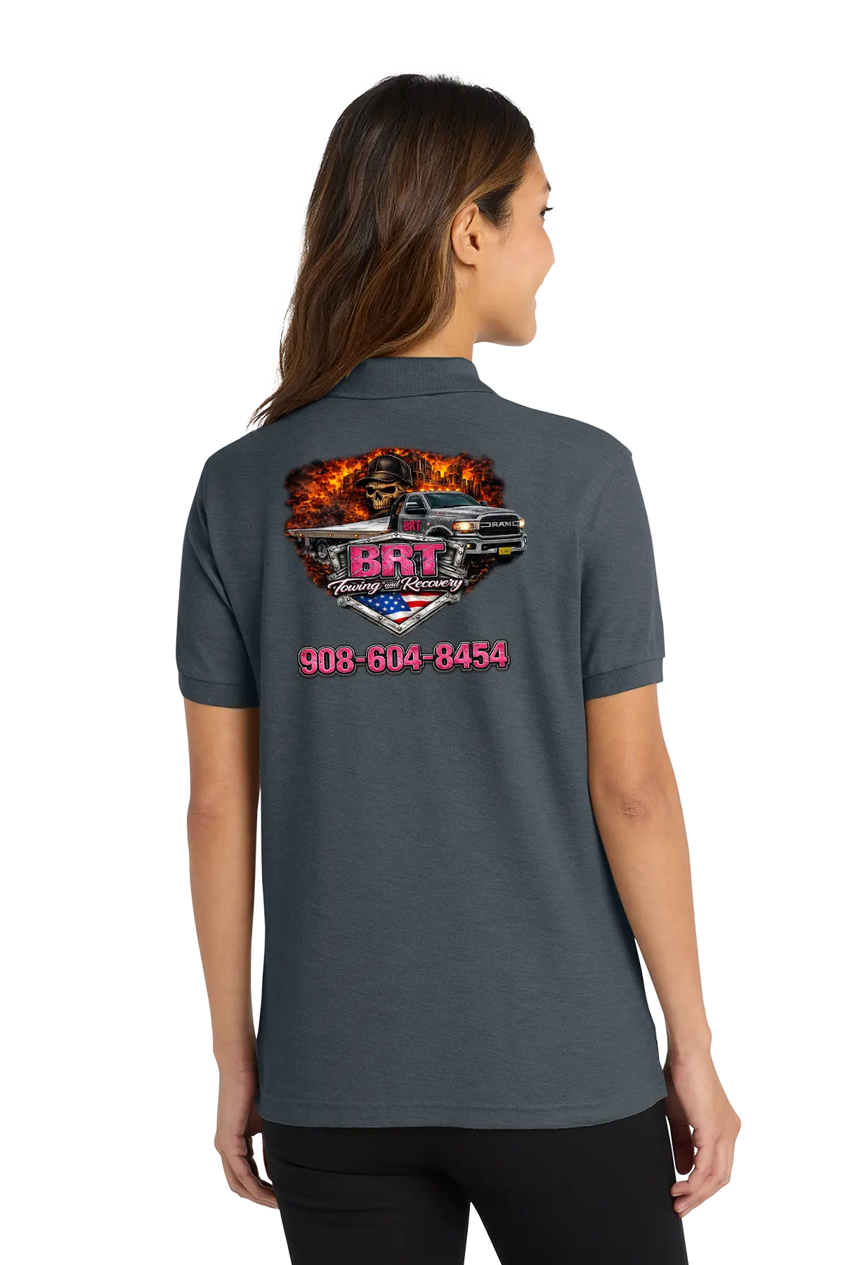 Person wearing a dark gray polo shirt with a graphic design on the back. BRT Towing & Recovery, Paper Street Print Co, Blairstown, NJ.