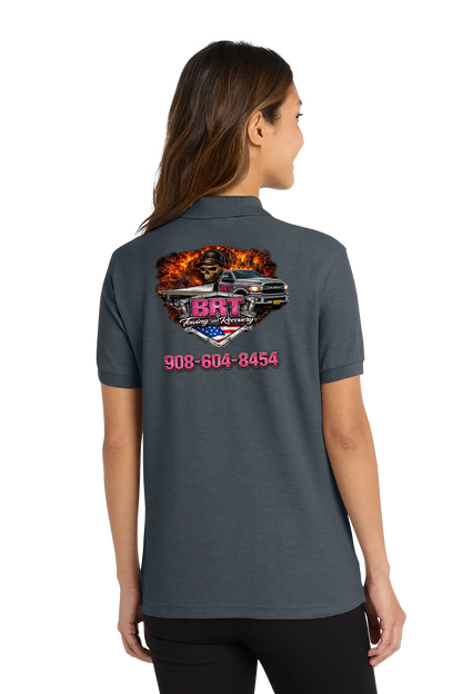 Person wearing a dark gray polo shirt with a graphic design on the back. BRT Towing & Recovery, Paper Street Print Co, Blairstown, NJ.