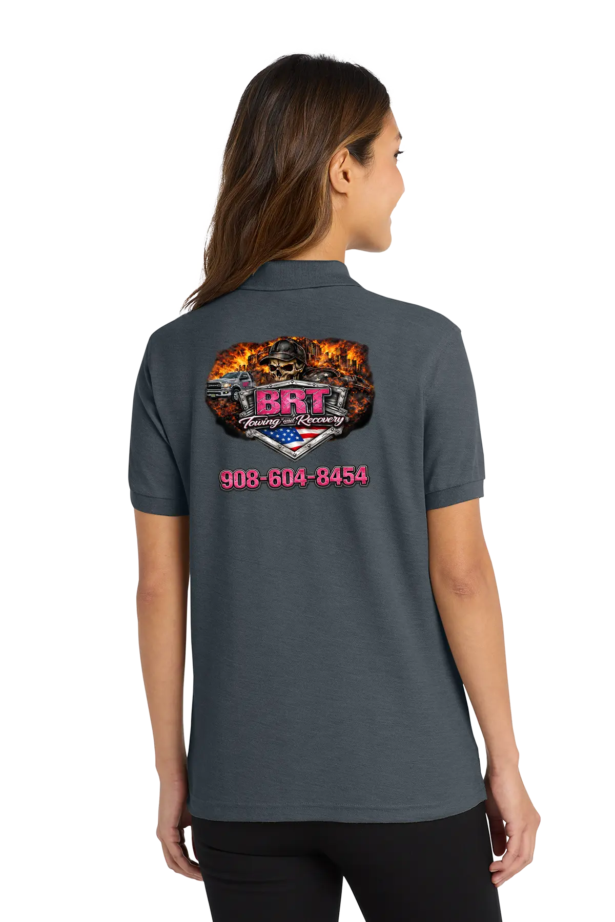 Person wearing a gray polo shirt with a logo and text on the back. BRT Towing & Recovery, Paper Street Print Co, Blairstown, NJ.