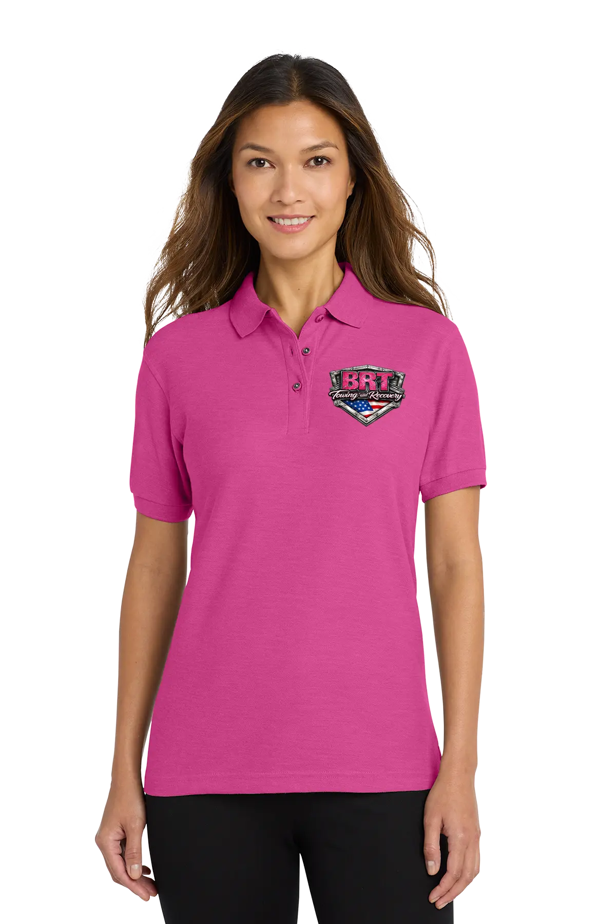 Woman wearing a pink polo shirt with a logo on a white background. BRT Towing & Recovery, Paper Street Print Co, Blairstown, NJ.
