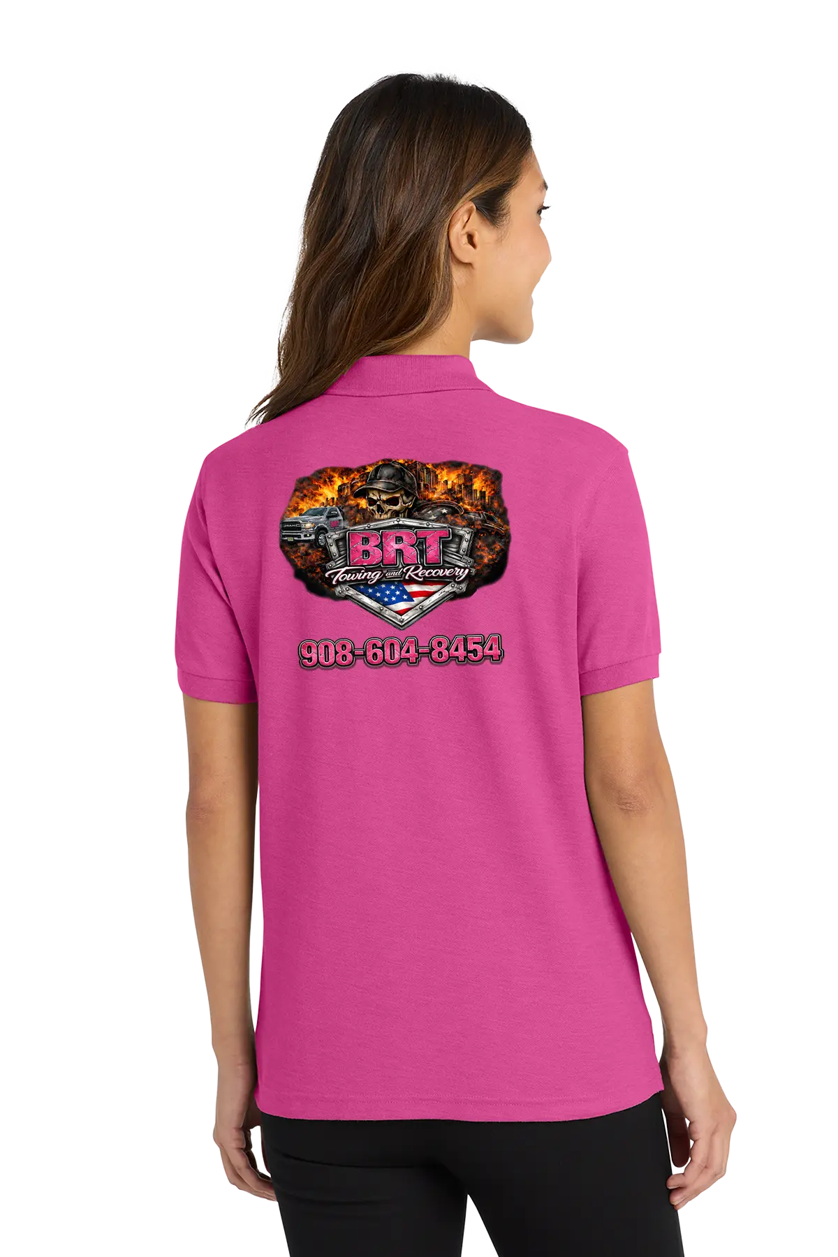 Person wearing a pink polo shirt with a logo and text on the back. BRT Towing & Recovery, Paper Street Print Co, Blairstown, NJ.