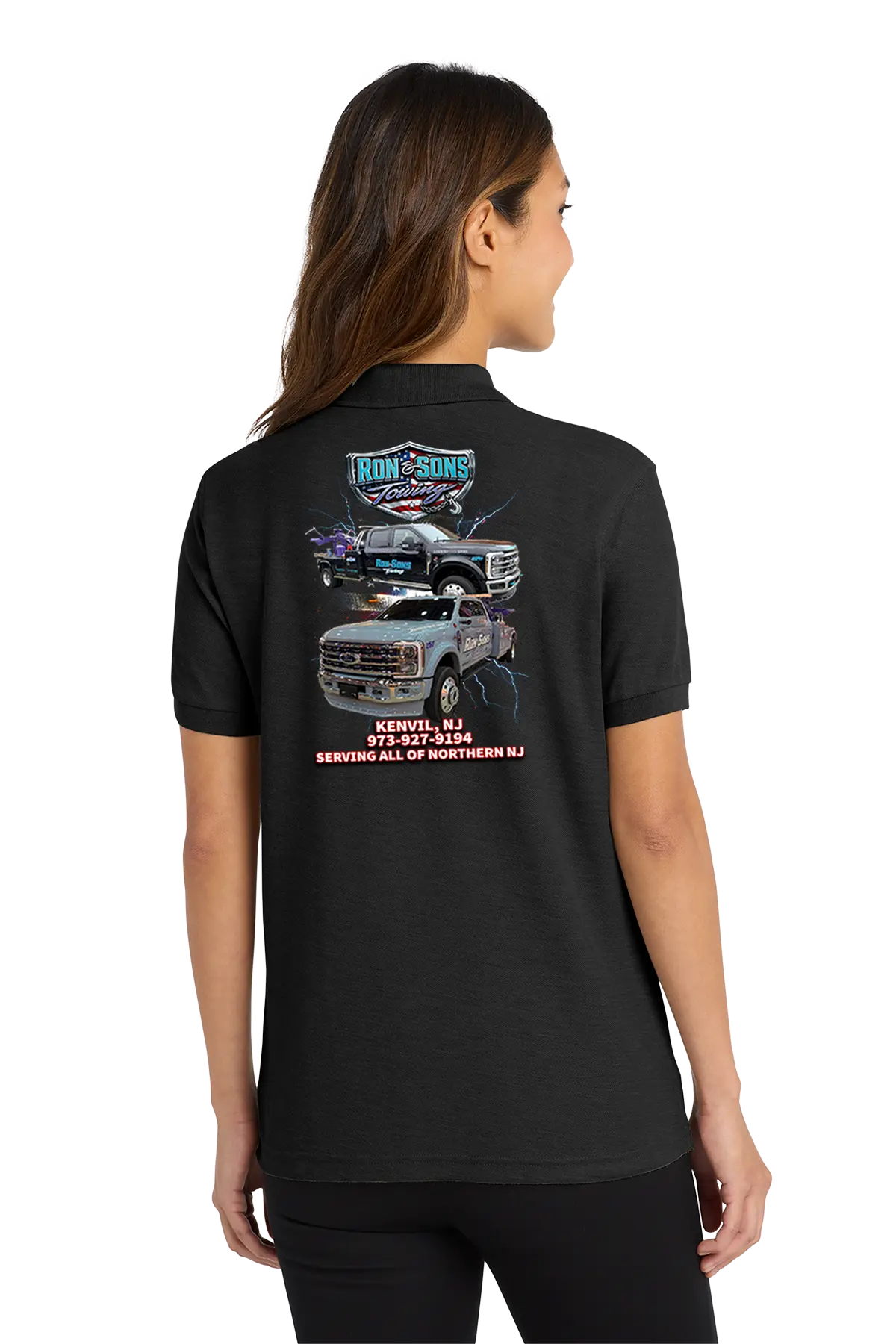 Person wearing a black polo shirt with graphics on the back. Ron and Sons Towing, Paper Street Print Co, Blairstown, NJ.