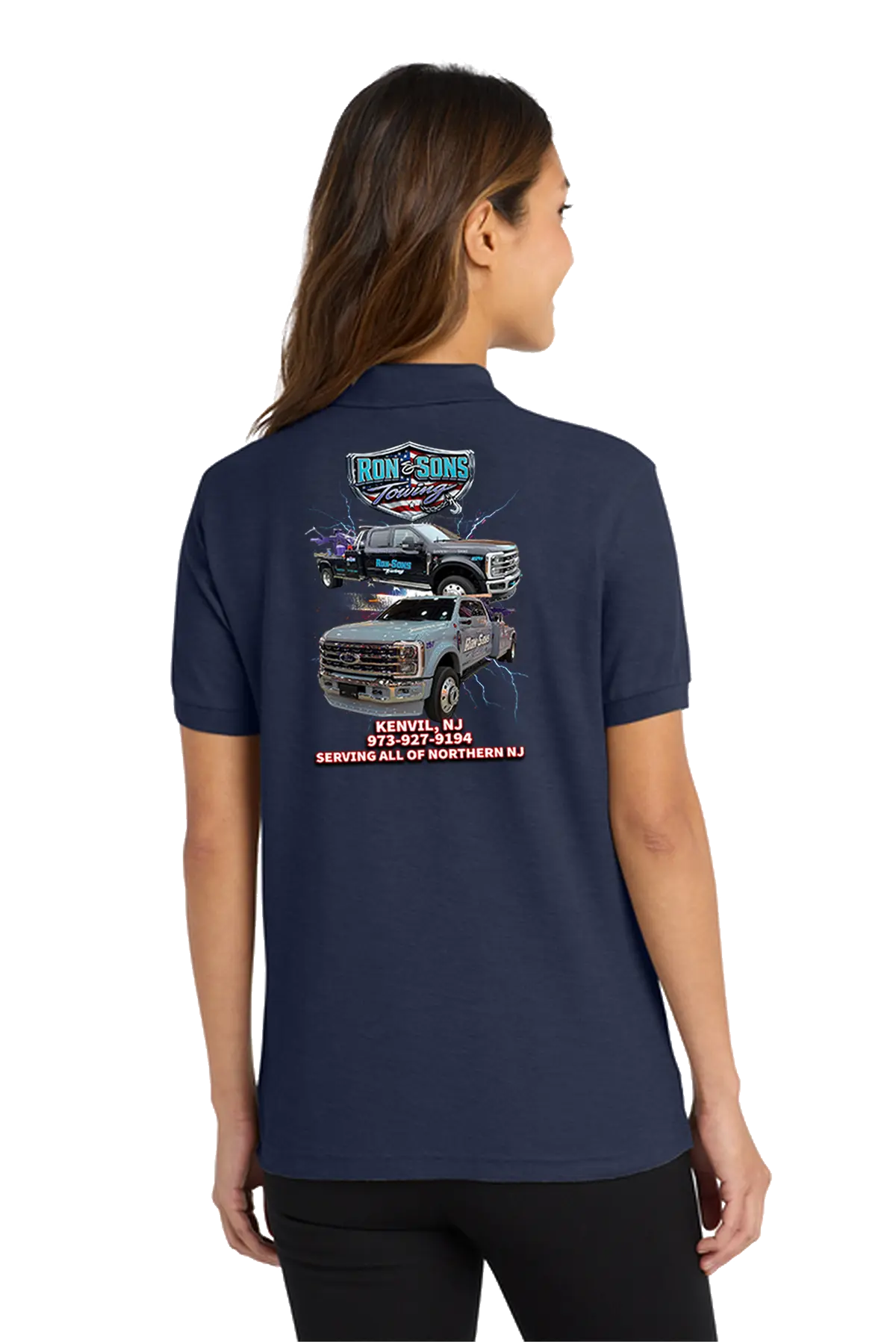 Navy blue polo shirt with graphics on the back worn by a person. Ron and Sons Towing, Paper Street Print Co, Blairstown, NJ.