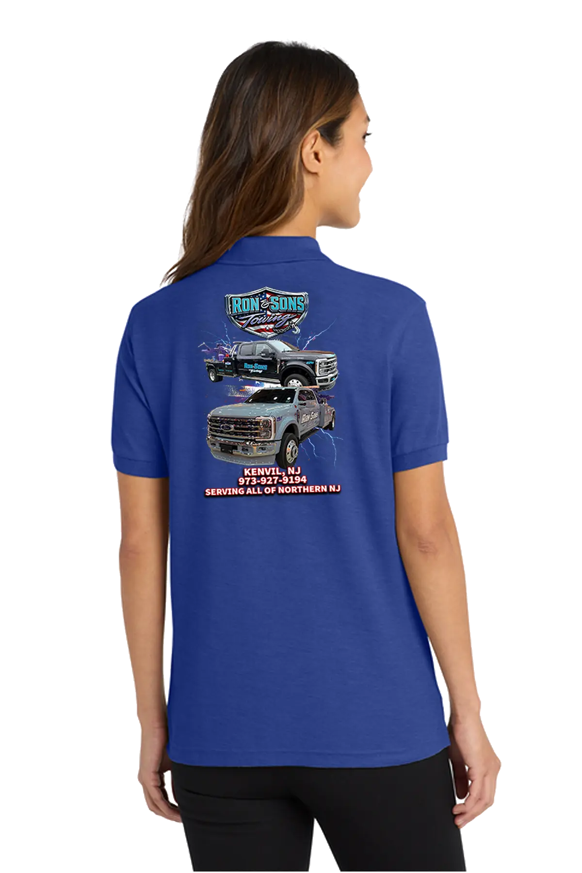 Person wearing a blue polo shirt with a graphic design on the back, standing against a white background. Ron and Sons Towing, Paper Street Print Co, Blairstown, NJ.