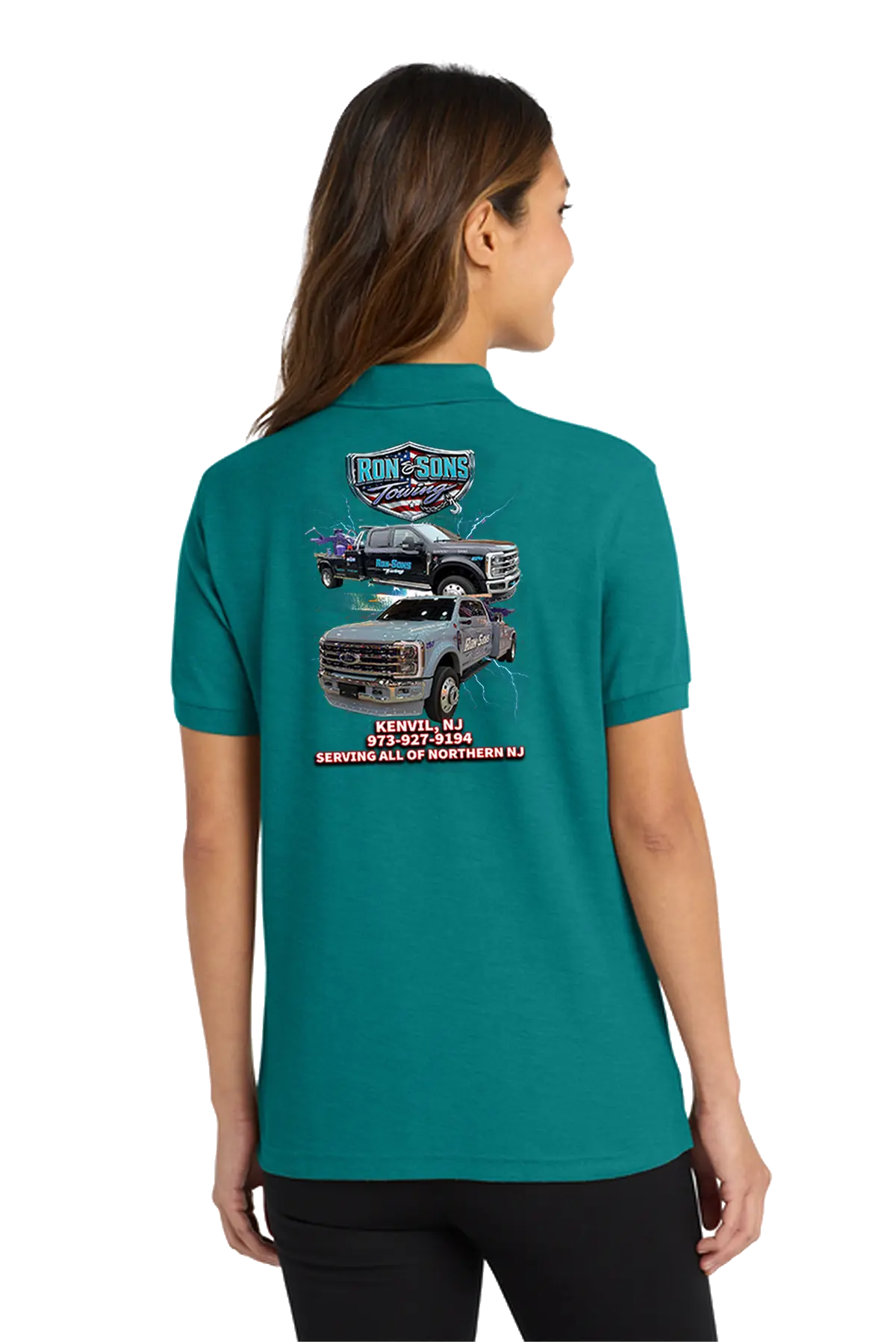Person wearing a teal t-shirt with a graphic of a truck on the back, on a white background. Ron and Sons Towing, Paper Street Print Co, Blairstown, NJ.
