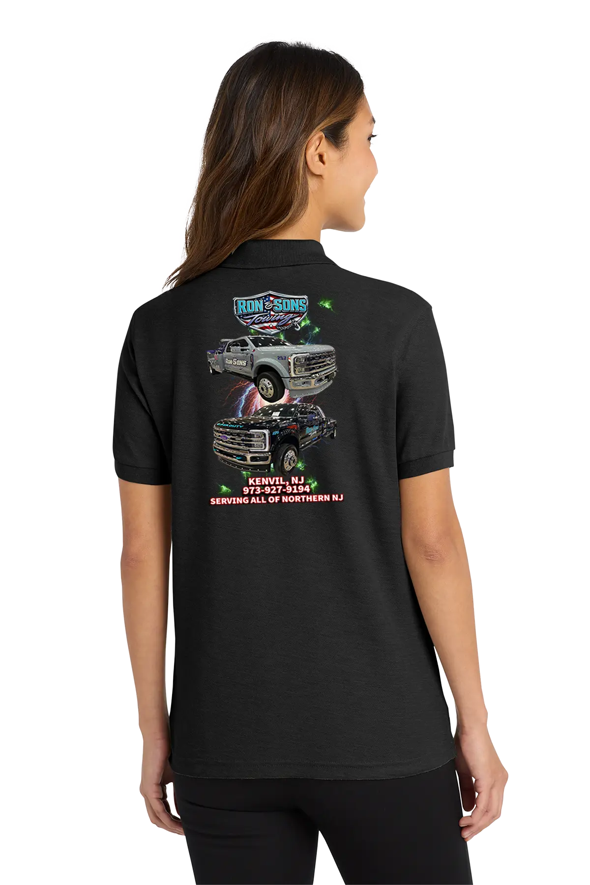 Person wearing a black polo shirt with a graphic design on the back, standing against a white background. Ron and Sons Towing, Paper Street Print Co, Blairstown, NJ.