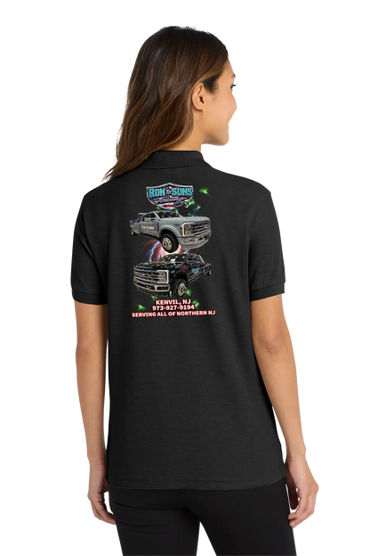 Person wearing a black polo shirt with a graphic design on the back, standing against a white background. Ron and Sons Towing, Paper Street Print Co, Blairstown, NJ.