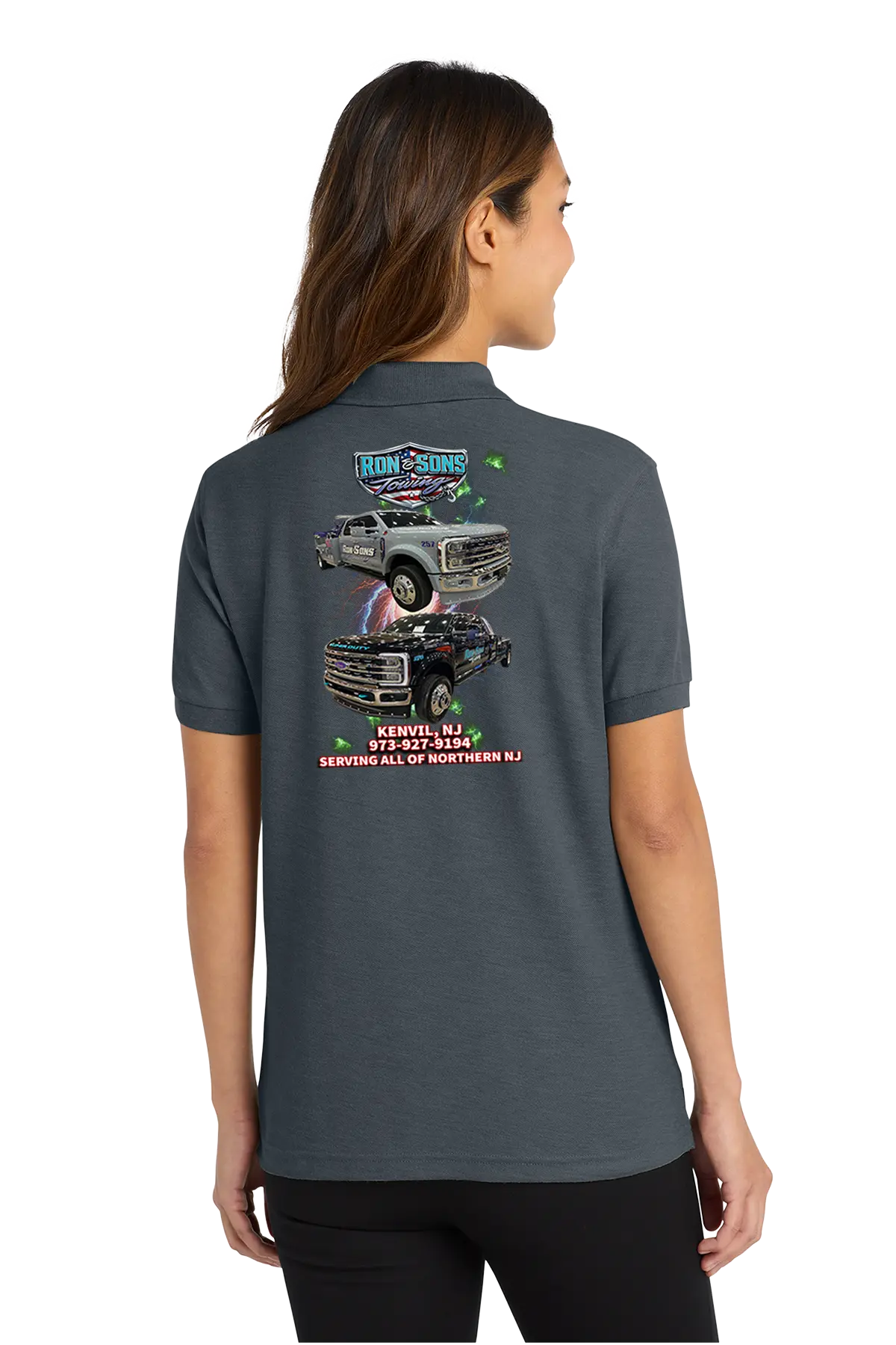 Person wearing a dark gray polo shirt with a graphic on the back, standing against a white background. Ron and Sons Towing, Paper Street Print Co, Blairstown, NJ.