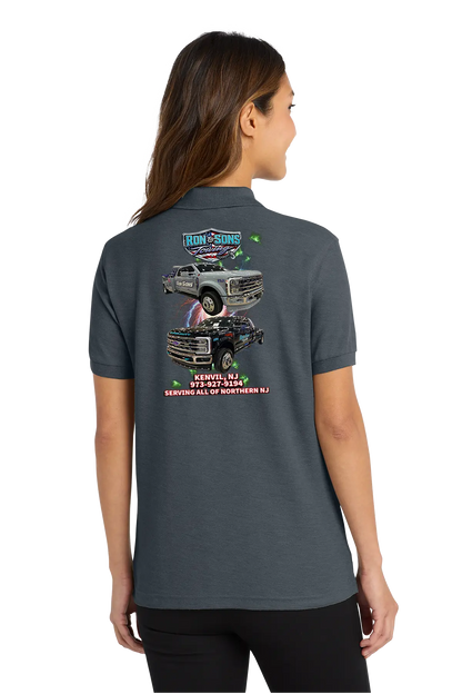 Person wearing a dark gray polo shirt with a graphic on the back, standing against a white background. Ron and Sons Towing, Paper Street Print Co, Blairstown, NJ.