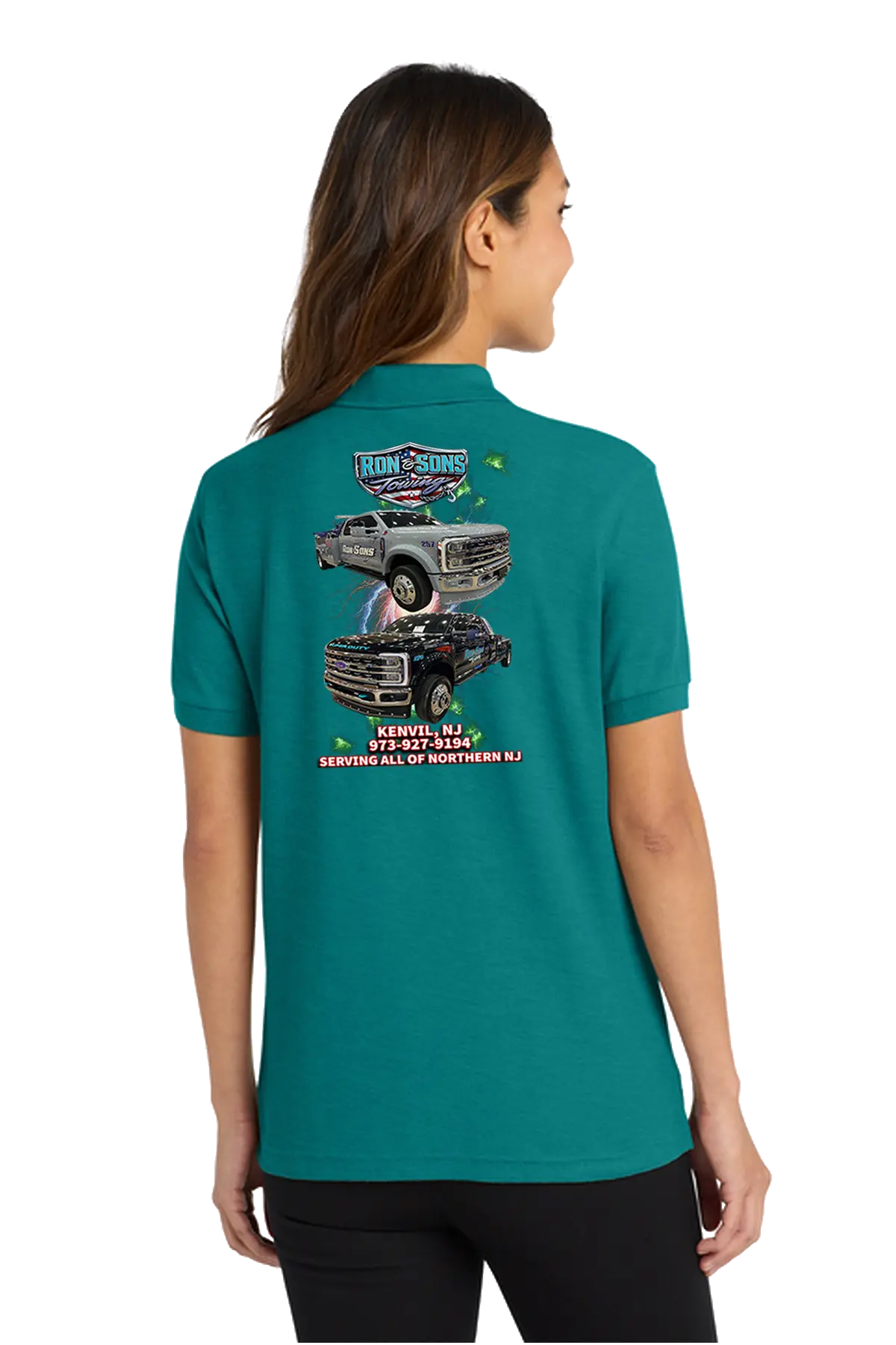 Person wearing a teal t-shirt with a graphic design on the back, standing against a white background. Ron and Sons Towing, Paper Street Print Co, Blairstown, NJ.