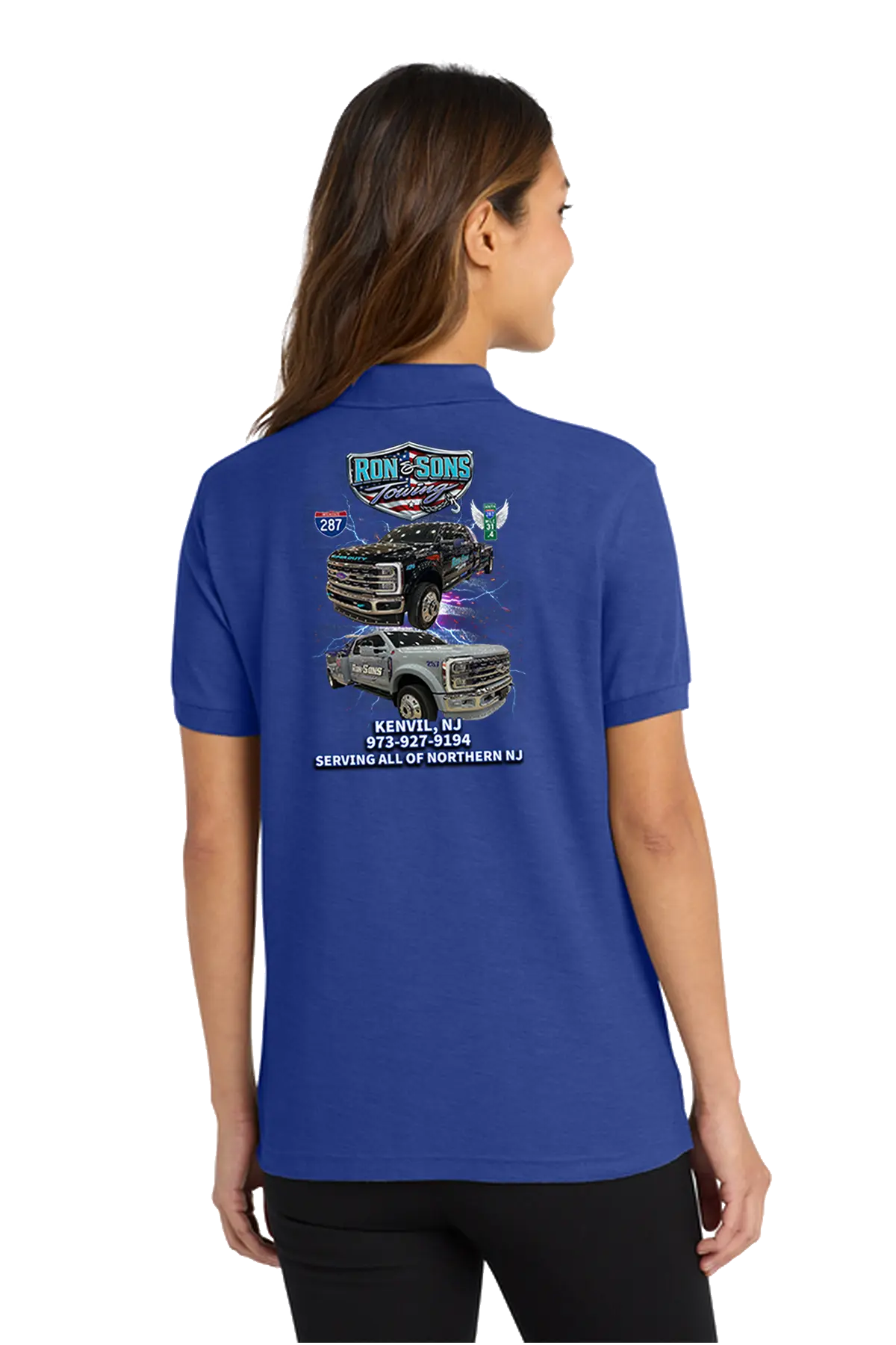 Person wearing a blue shirt with graphics on the back, standing against a white background. Ron and Sons Towing, Paper Street Print Co, Blairstown, NJ.